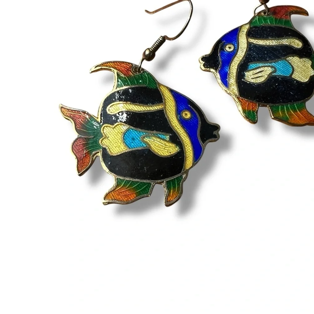 Vintage Cloisonné Colorful Tropical Fish Hook Earrings